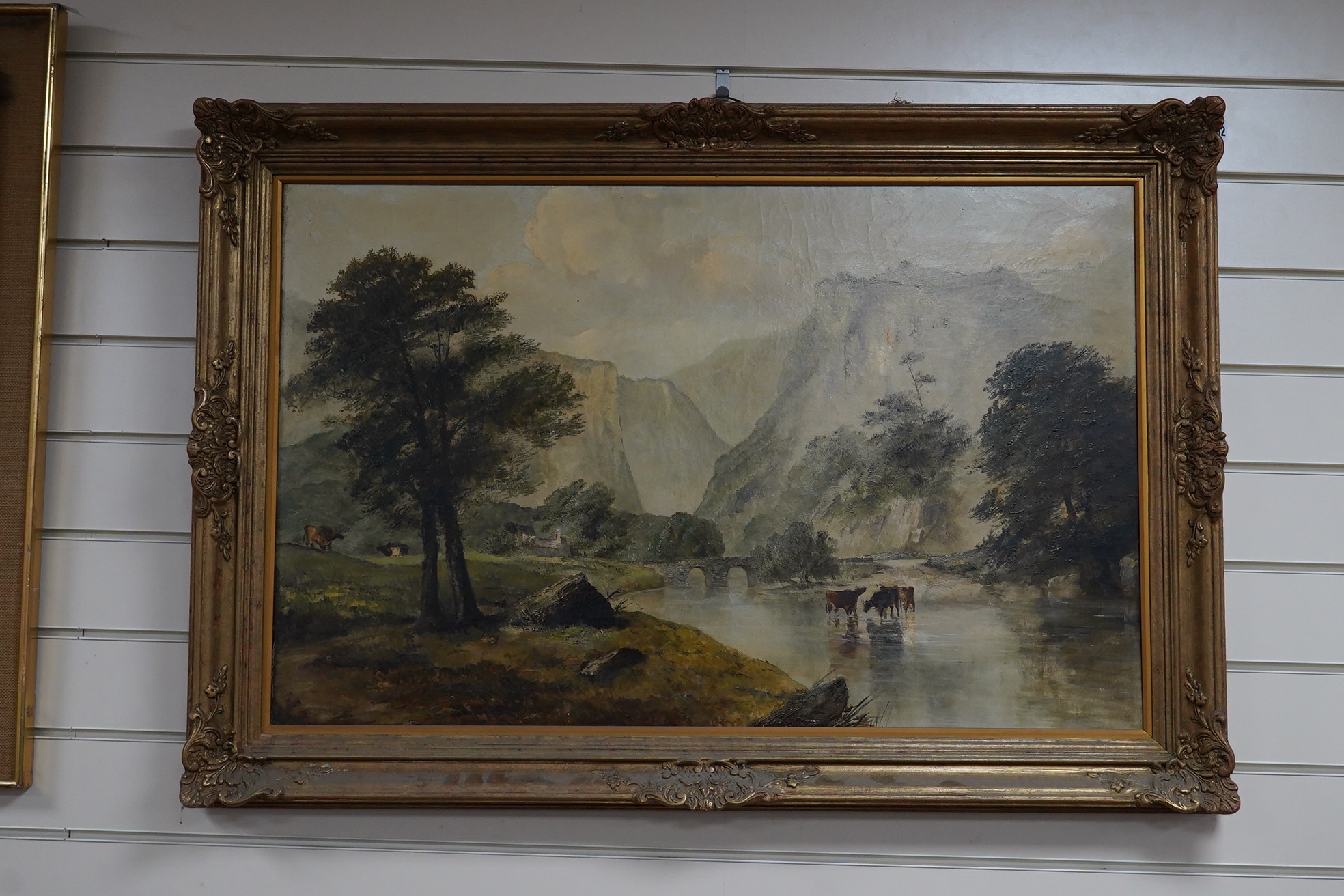 Attributed to Alfred Vickers (1786-1868), oil on canvas, Highland landscape, unsigned, 54 x 86cm, ornate gilt framed. Condition - fair